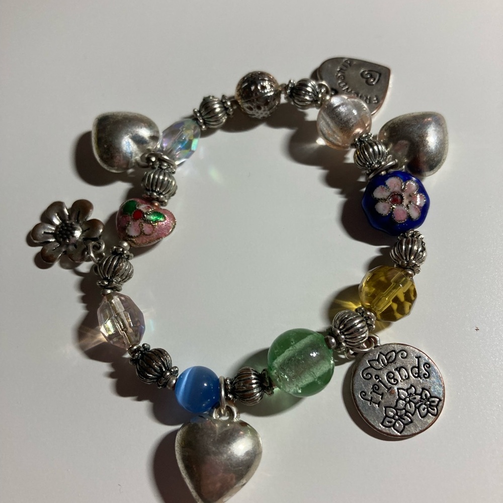 Silver Friendship and Hearts Charm Stretch Bracelet